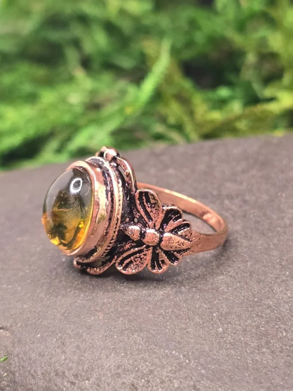 Amber Copper Floral Ring Size 7 Oval Honey Gemstone Statement Jewelry